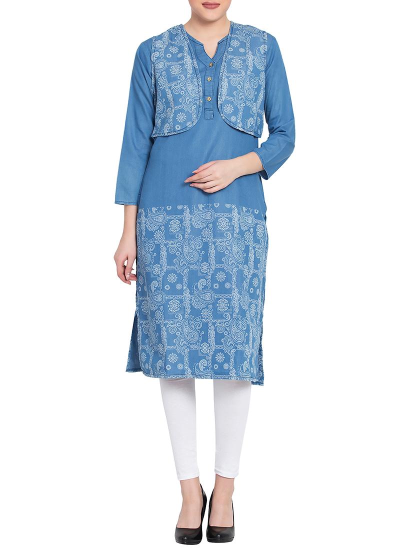 denim printed straight kurta - 15817924 - Zoom Image - 1