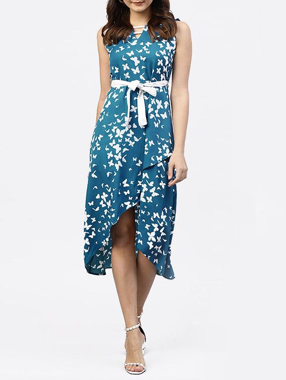 tie up waist butterfly print high low dress - 15818691 - Zoom Image - 1