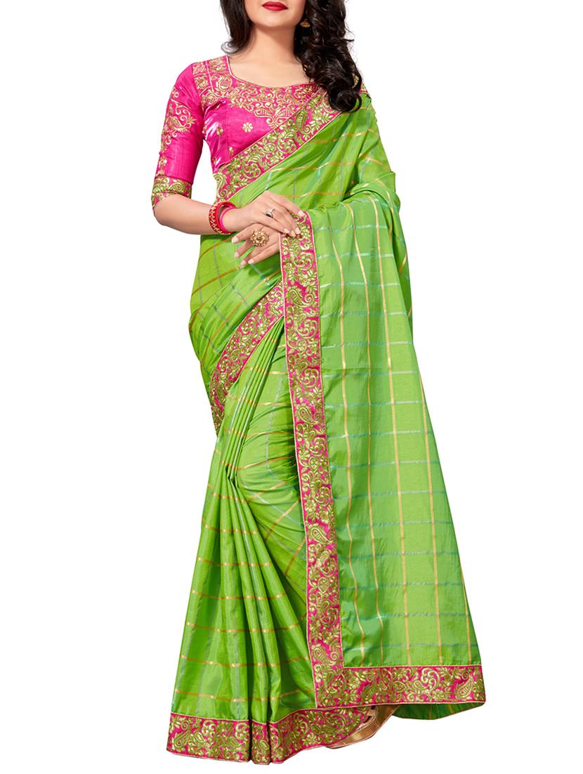 checkered embroidered border saree with blouse - 15819209 - Zoom Image - 1