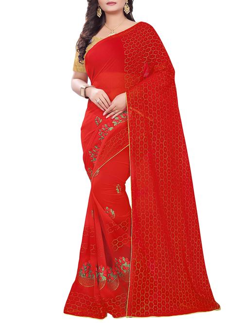 foil print cherry red embroidered saree with blouse - 15819483 - Standard Image - 1