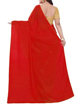 foil print cherry red embroidered saree with blouse - 15819483 - Standard Image - 2