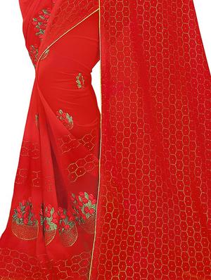 foil print cherry red embroidered saree with blouse - 15819483 - Standard Image - 3