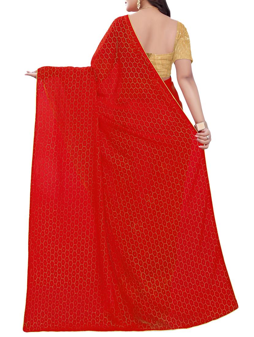 foil print cherry red embroidered saree with blouse - 15819483 - Zoom Image - 2