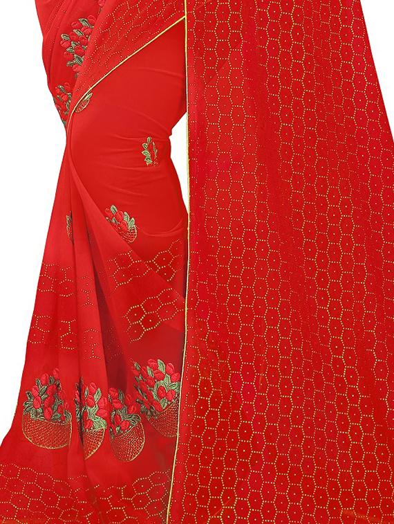 foil print cherry red embroidered saree with blouse - 15819483 - Zoom Image - 3