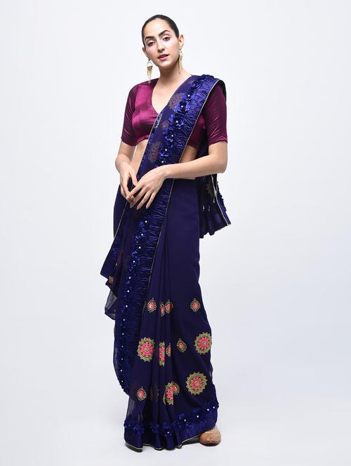 ribbon work floral embroidered navy blue saree with blouse - 15821238 - Standard Image - 1