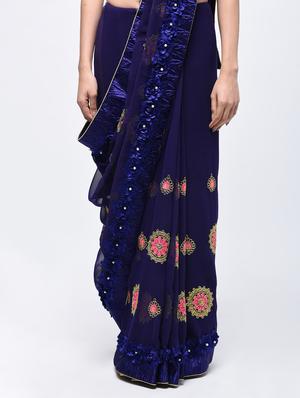 ribbon work floral embroidered navy blue saree with blouse - 15821238 - Standard Image - 3
