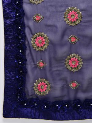 ribbon work floral embroidered navy blue saree with blouse - 15821238 - Standard Image - 5
