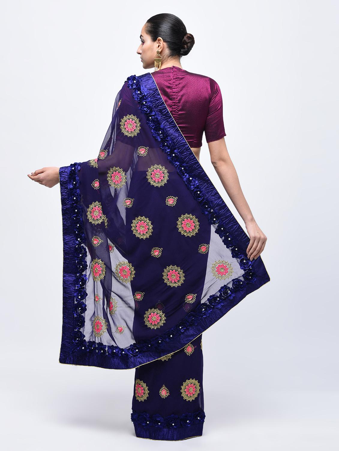 ribbon work floral embroidered navy blue saree with blouse - 15821238 - Zoom Image - 2