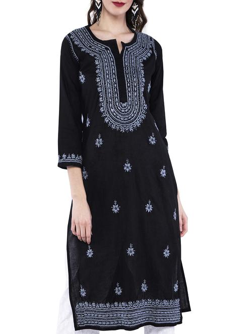 black cotton straight kurta - 15821383 - Standard Image - 1