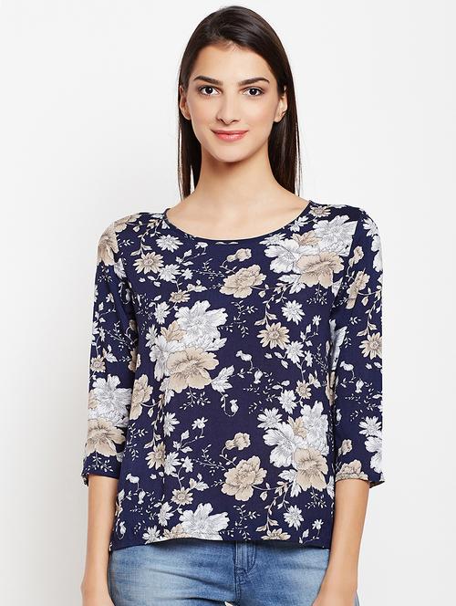 navy floral boat neck top - 15821464 - Standard Image - 1