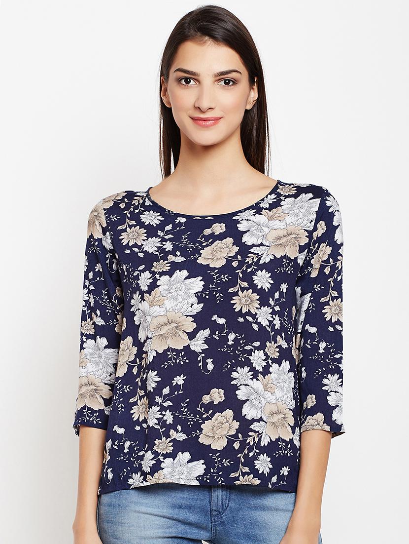 navy floral boat neck top - 15821464 - Zoom Image - 1