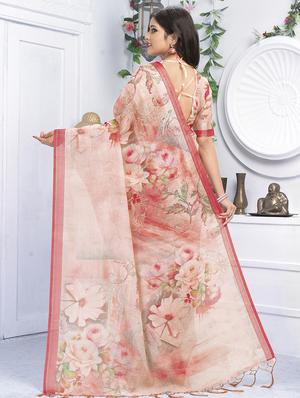 floral printed linen saree with blouse - 15821817 - Standard Image - 2