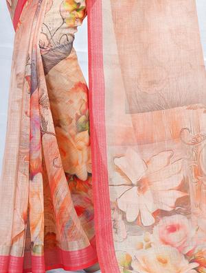 floral printed linen saree with blouse - 15821817 - Standard Image - 4