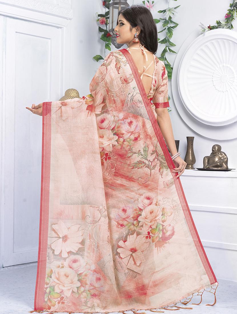 floral printed linen saree with blouse - 15821817 - Zoom Image - 2