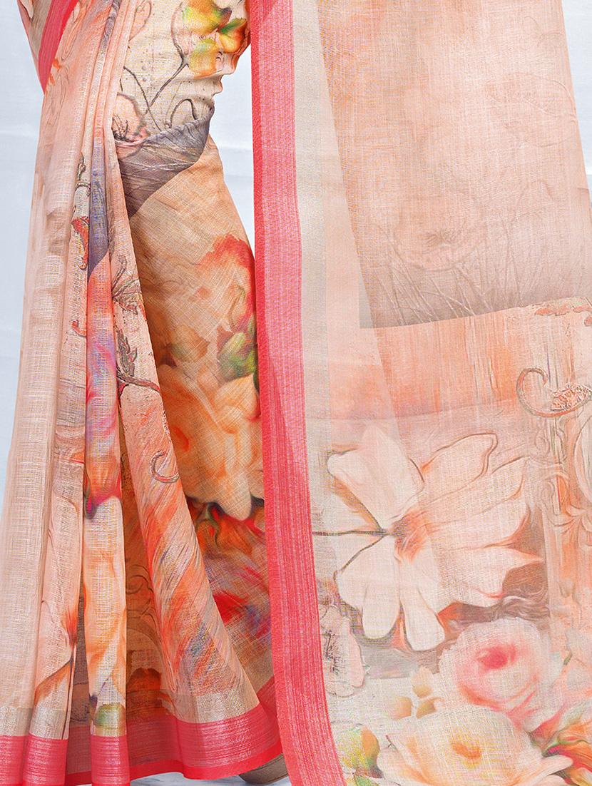 floral printed linen saree with blouse - 15821817 - Zoom Image - 4