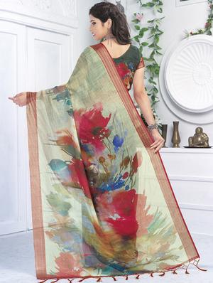 floral printed linen saree with blouse - 15821818 - Standard Image - 2