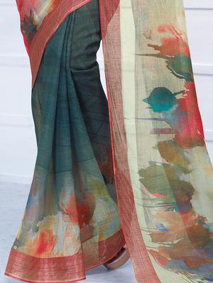 floral printed linen saree with blouse - 15821818 - Standard Image - 3