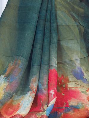 floral printed linen saree with blouse - 15821818 - Standard Image - 4
