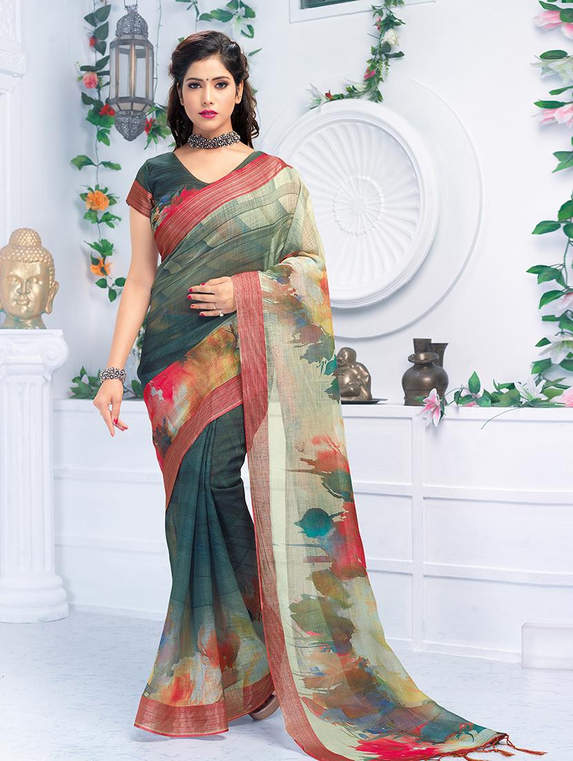 floral printed linen saree with blouse - 15821818 - Zoom Image - 1