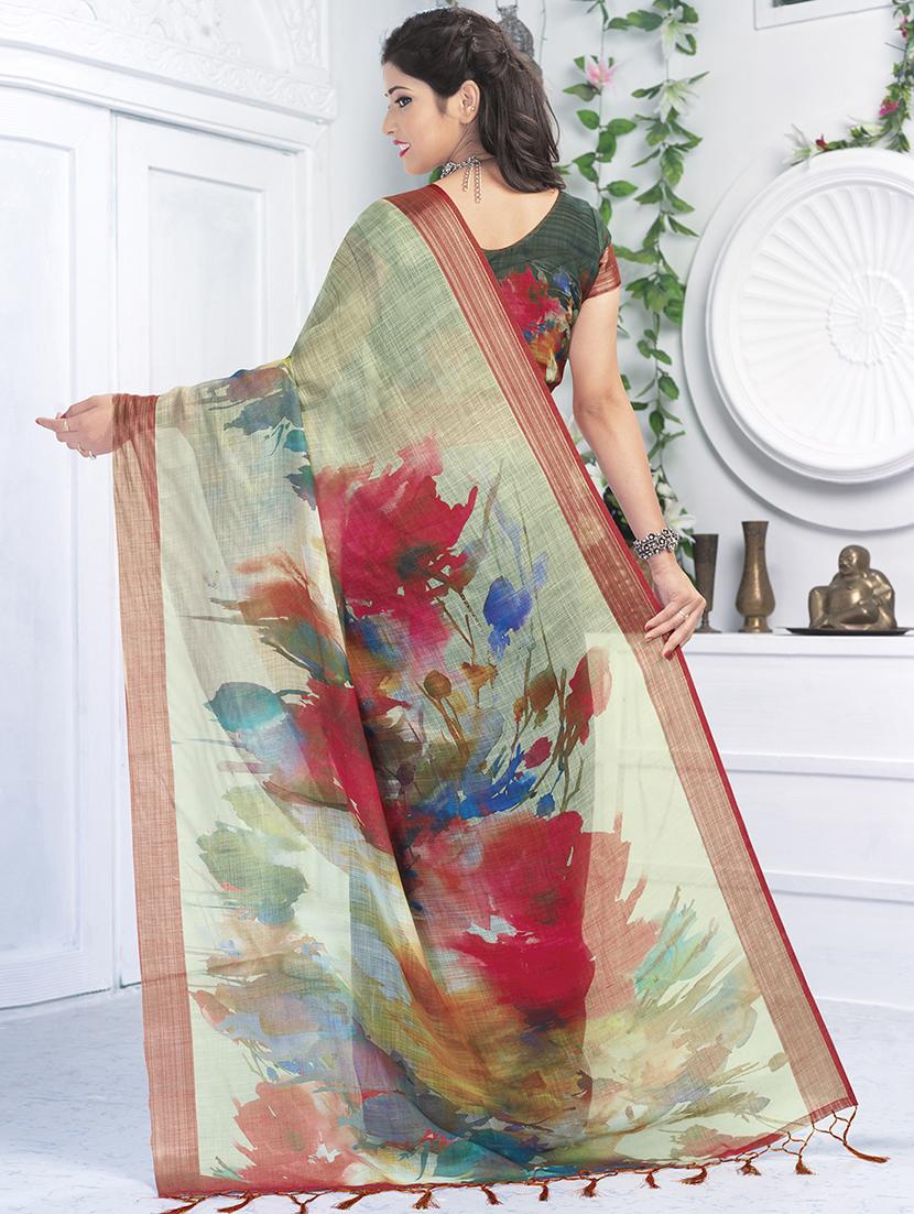 floral printed linen saree with blouse - 15821818 - Zoom Image - 2