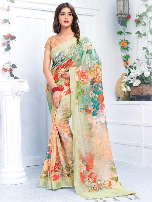floral printed linen saree with blouse - 15821819 - Standard Image - 1