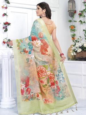 floral printed linen saree with blouse - 15821819 - Standard Image - 2