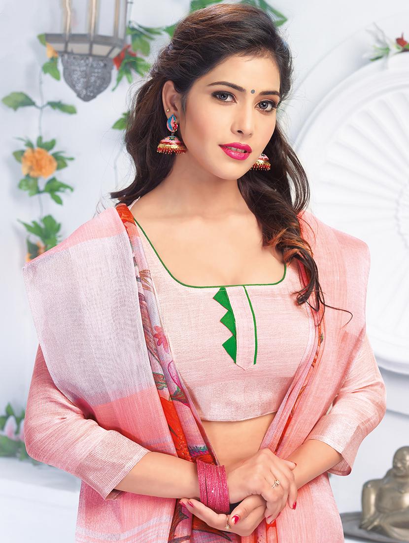 floral printed linen saree with blouse - 15821825 - Zoom Image - 3