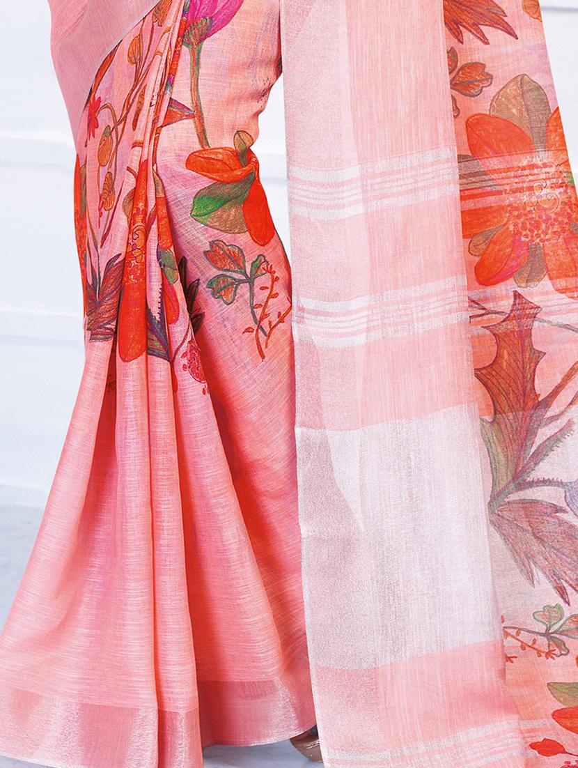floral printed linen saree with blouse - 15821825 - Zoom Image - 4