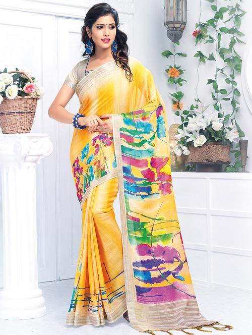 floral printed linen saree with blouse - 15821826 - Standard Image - 1