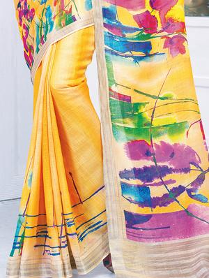 floral printed linen saree with blouse - 15821826 - Standard Image - 4