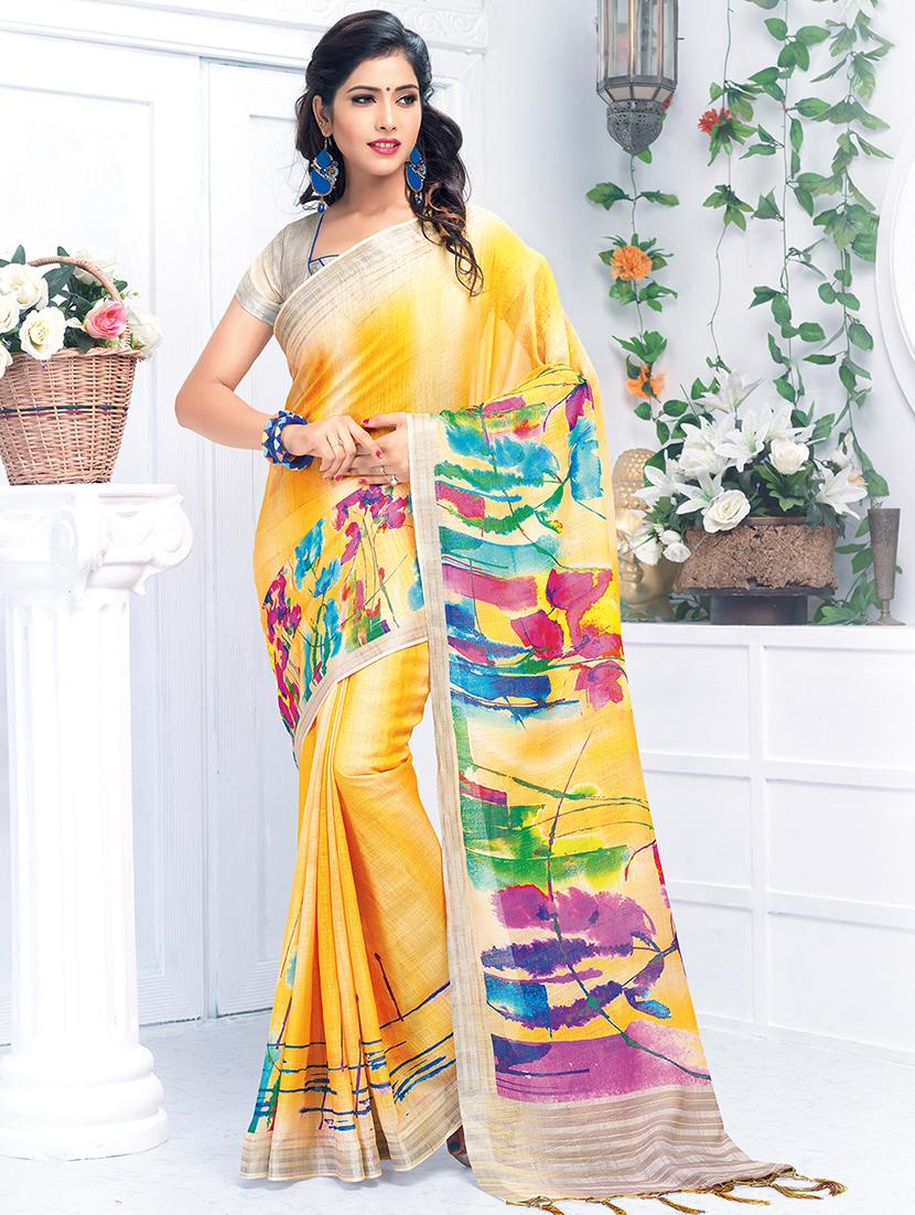 floral printed linen saree with blouse - 15821826 - Zoom Image - 1