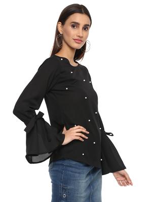 tie-knot faux pearl bell sleeved top - 15822318 - Standard Image - 2