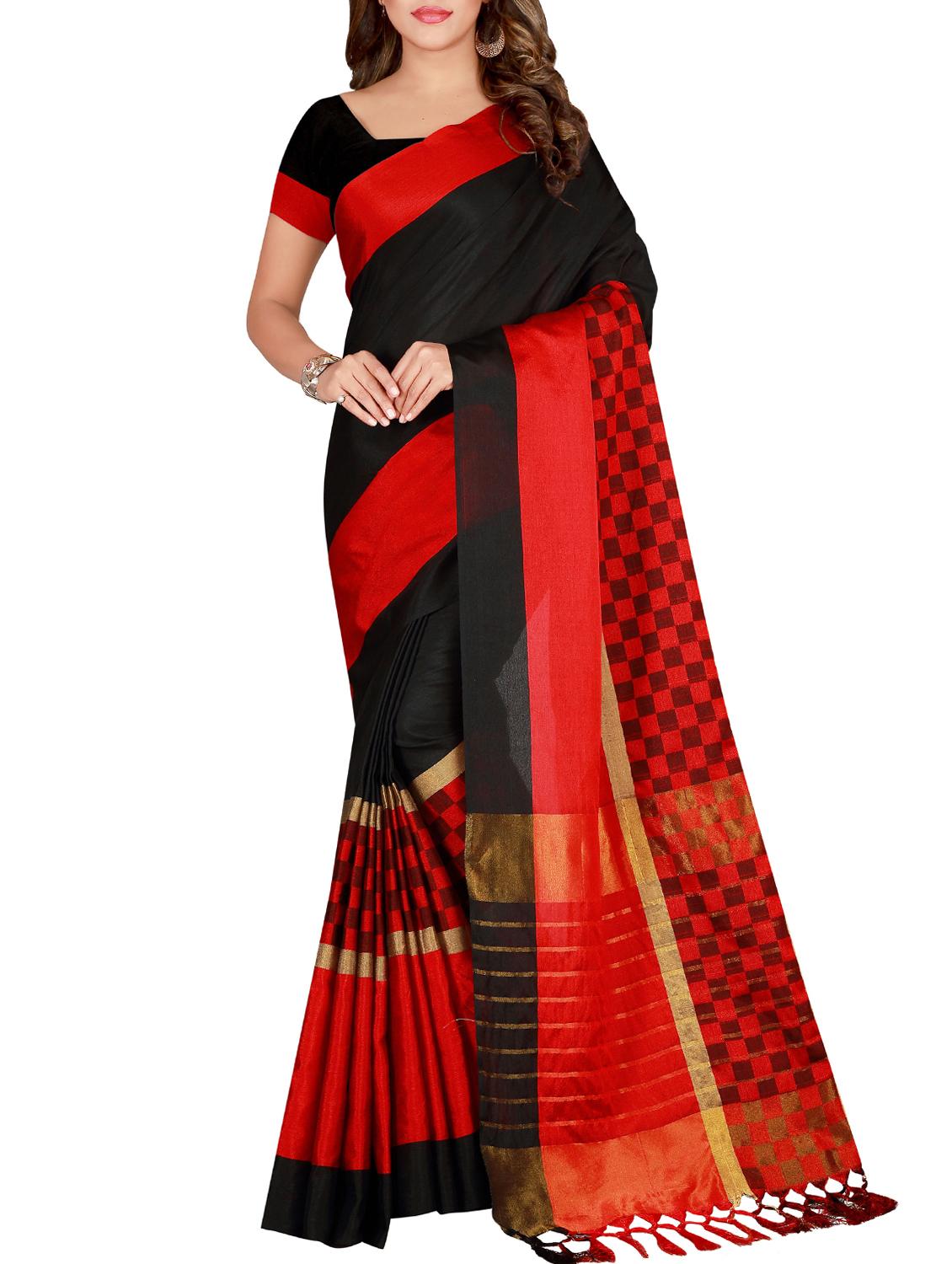 checkered zari border woven saree with blouse - 15822429 - Zoom Image - 1