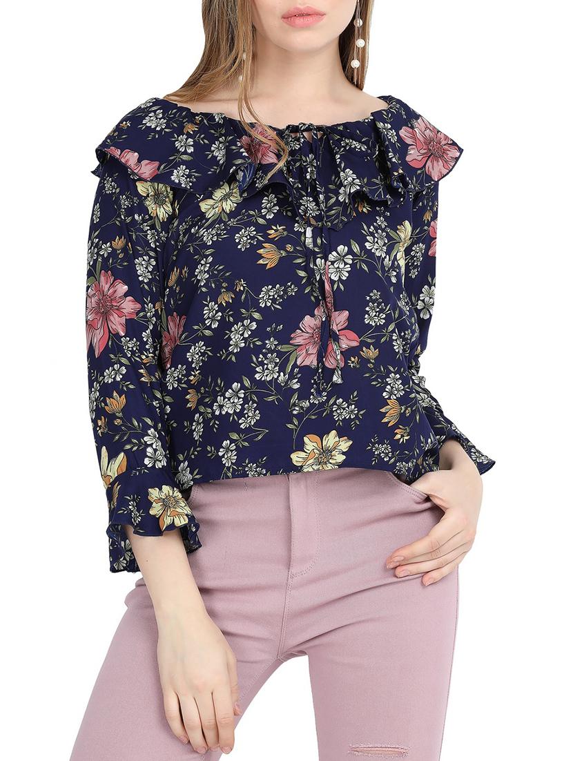 ruffle detail floral tie-up top - 15823547 - Zoom Image - 1
