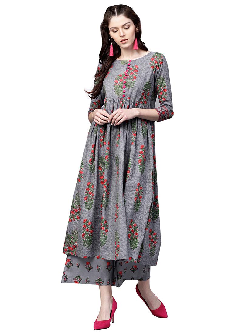 printed flared kurta with palazzo set - 15823600 - Zoom Image - 1