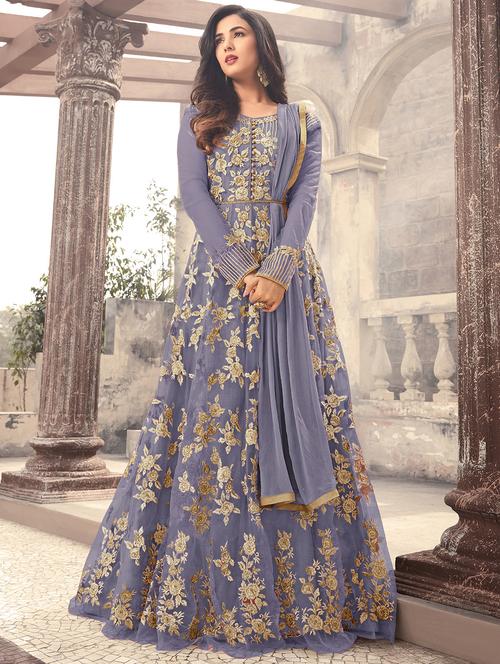 gold embroidered semi-stitched anarkali suit - 15823730 - Very Small Image - 1