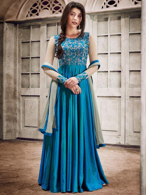 gold embroidered semi-stitched flared suit - 15823744 - Very Small Image - 1