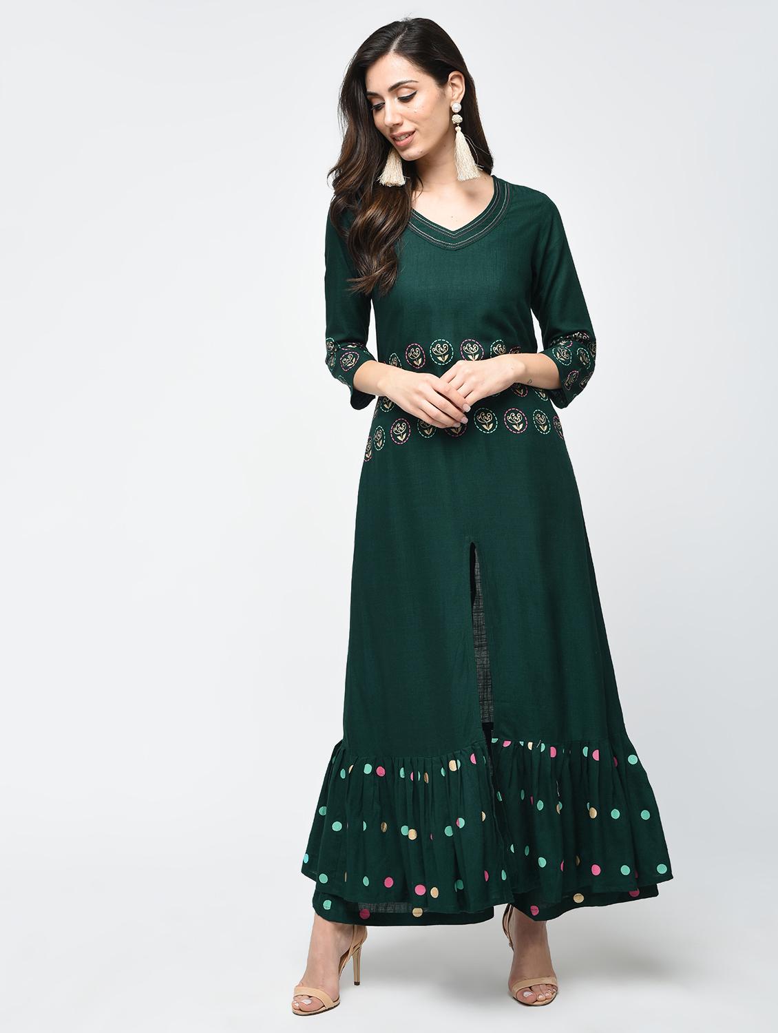 Printed ruffled kurta with pant set - 15827276 - Zoom Image - 1