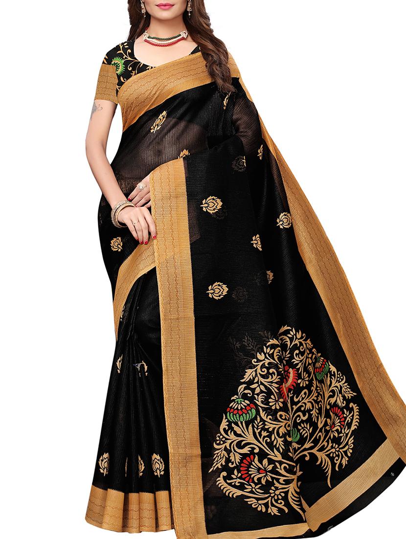 black silk printed saree with blouse - 15827928 - Zoom Image - 1