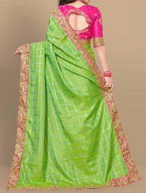checkered embroidered border parrot green saree with blouse - 15831087 - Standard Image - 2