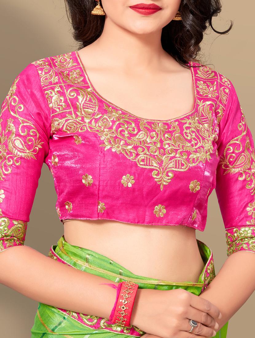 checkered embroidered border parrot green saree with blouse - 15831087 - Zoom Image - 3