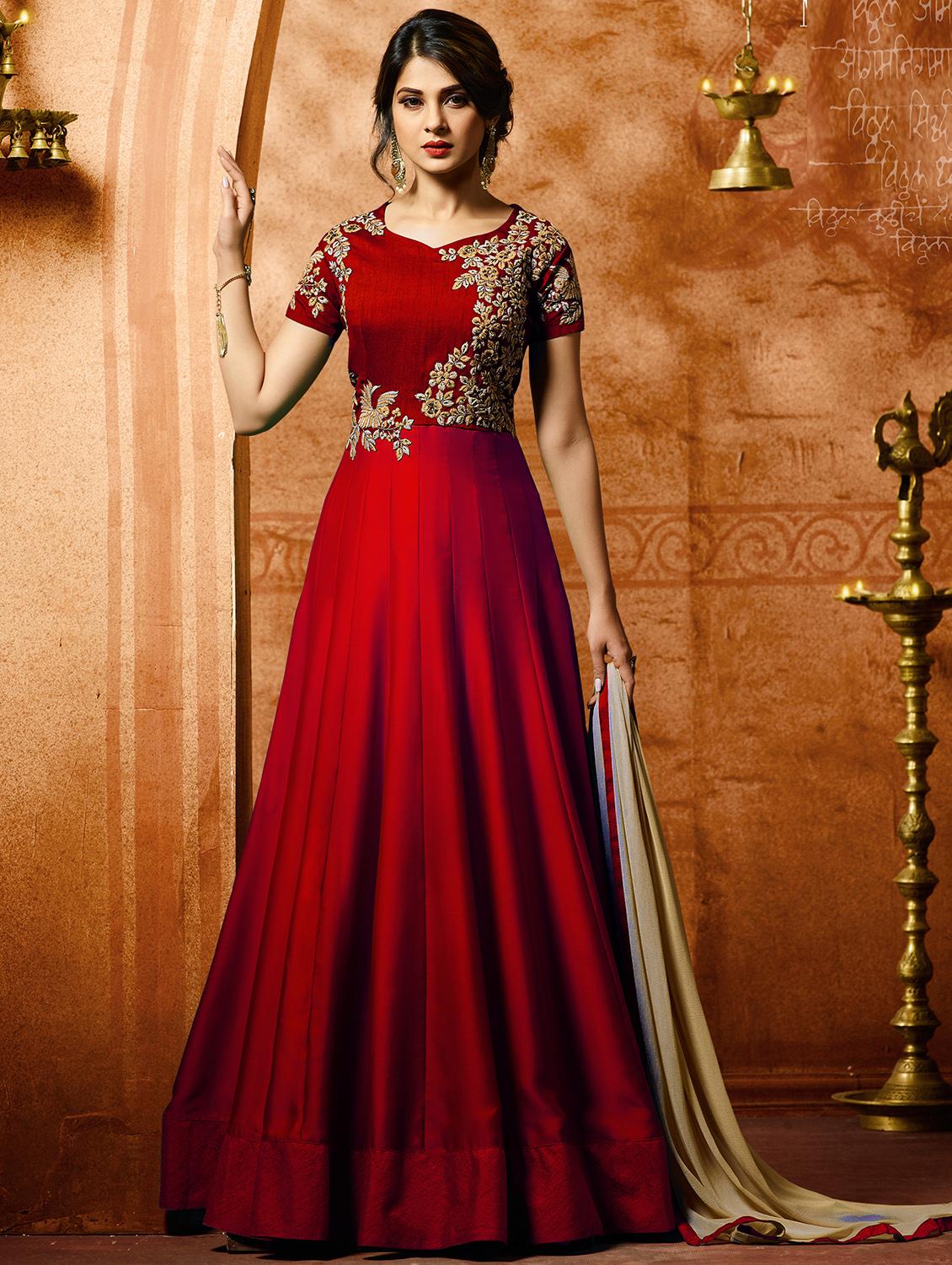 Embroidered semi-stitched anarkali suit - 15833102 - Zoom Image - 1