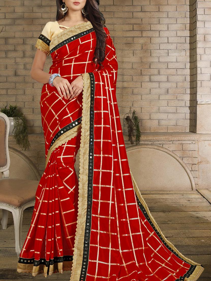 mirror lace border checkered red saree with blouse - 15835989 - Zoom Image - 1