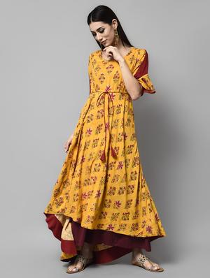 yellow viscose aline kurta - 15836307 - Standard Image - 2