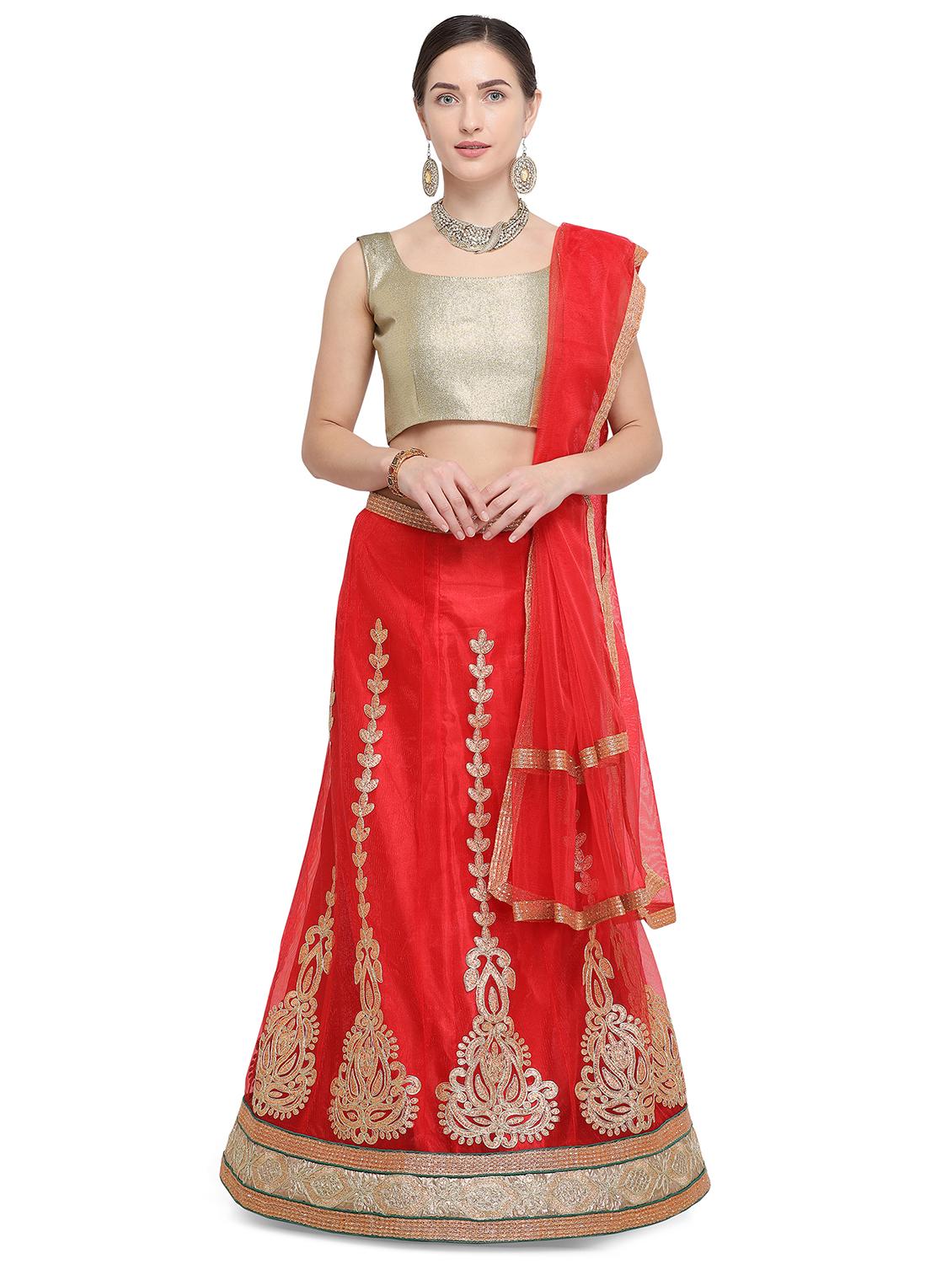 embroidered red flared lehenga - 15839993 - Zoom Image - 1