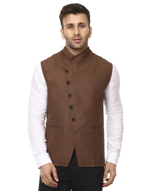 brown mandarin neck nehru jacket - 15840487 - Standard Image - 1
