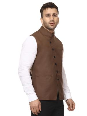 brown mandarin neck nehru jacket - 15840487 - Standard Image - 2
