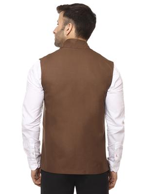 brown mandarin neck nehru jacket - 15840487 - Standard Image - 3