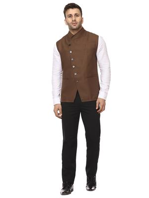 brown mandarin neck nehru jacket - 15840487 - Standard Image - 4