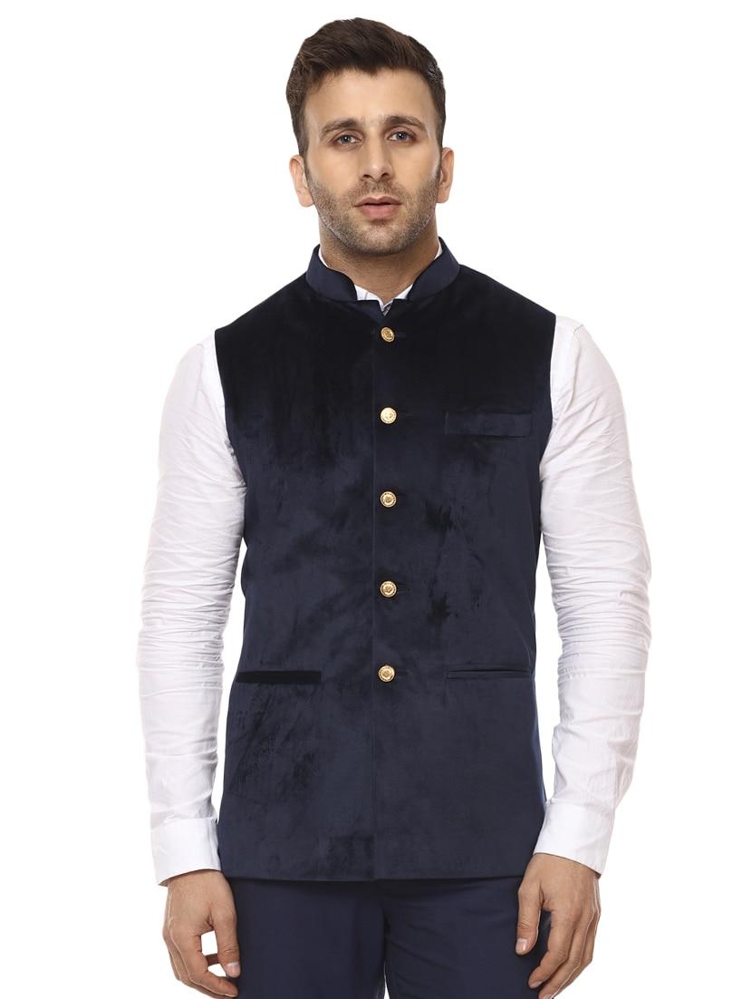 solid blue nehru jacket - 15840499 - Zoom Image - 1